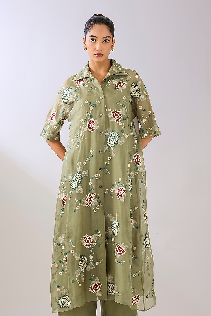 Jade Green Silk Organza Thread Embroidered Maxi Cocktail Dress by Peachoo at Pernia's Pop Up Shop