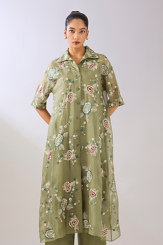 Jade Green Silk Organza Thread Embroidered Maxi Dress by Peachoo