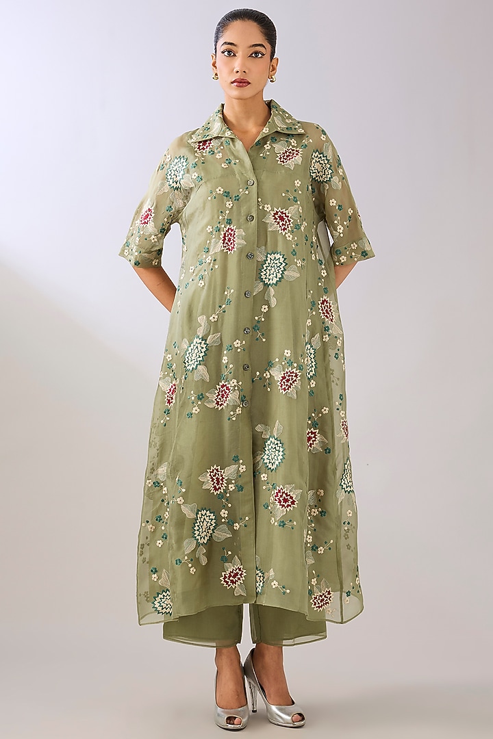Jade Green Silk Organza Thread Embroidered Maxi Cocktail Dress by Peachoo at Pernia's Pop Up Shop