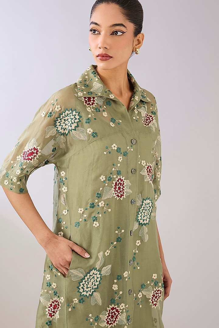 Jade Green Silk Organza Thread Embroidered Maxi Cocktail Dress by Peachoo at Pernia's Pop Up Shop