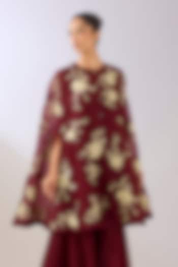 Ruby Red Silk Organza Thread Embroidered Cape by Peachoo at Pernia's Pop Up Shop