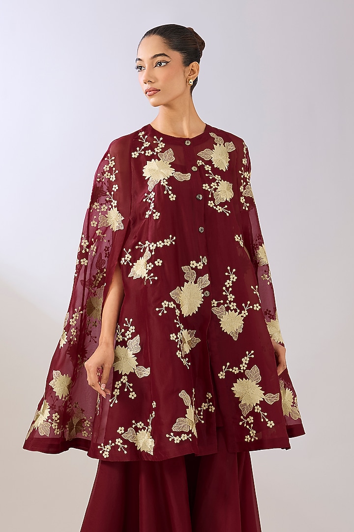 Ruby Red Silk Organza Thread Embroidered Cape by Peachoo at Pernia's Pop Up Shop
