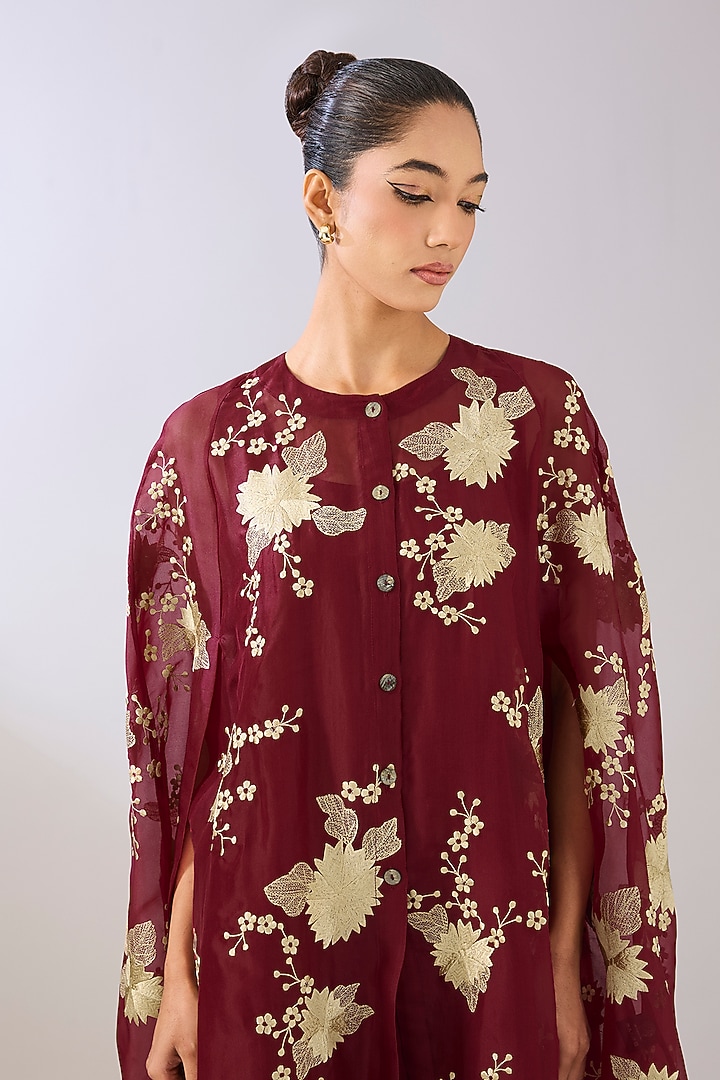 Ruby Red Silk Organza Thread Embroidered Cape by Peachoo at Pernia's Pop Up Shop