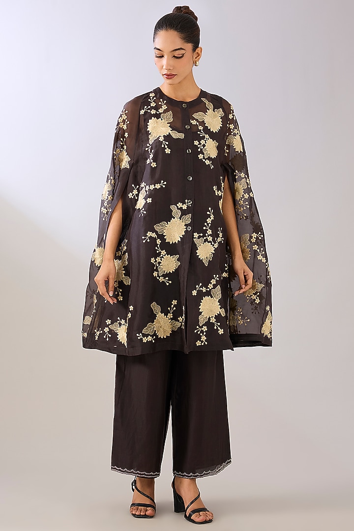 Brown Silk Organza Thread Embroidered Cape by Peachoo at Pernia's Pop Up Shop