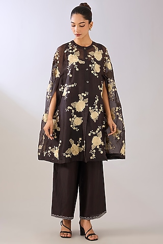 Brown Silk Organza Thread Embroidered Cape by Peachoo