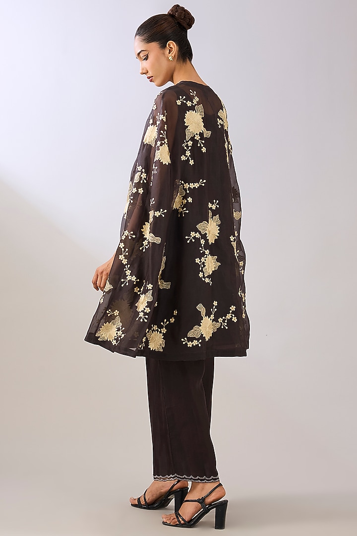 Brown Silk Organza Thread Embroidered Cape by Peachoo at Pernia's Pop Up Shop