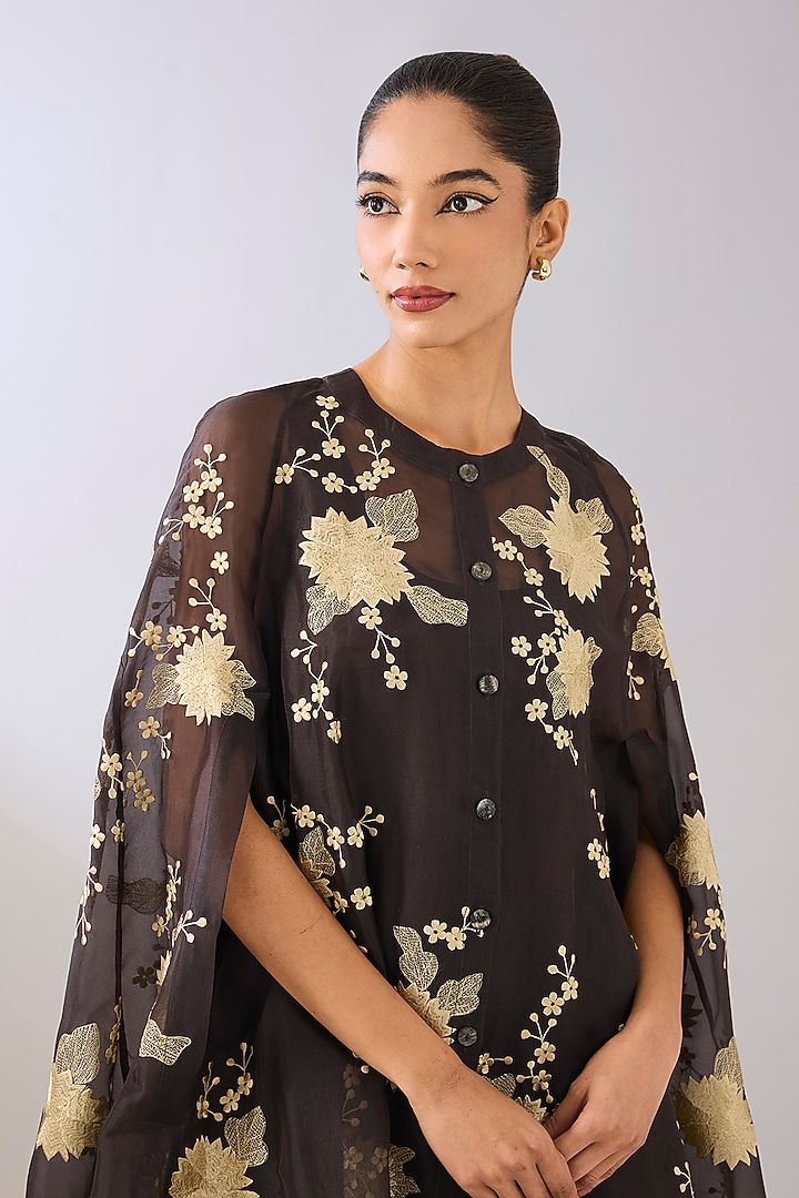 Brown Silk Organza Thread Embroidered Cape by Peachoo at Pernia's Pop Up Shop
