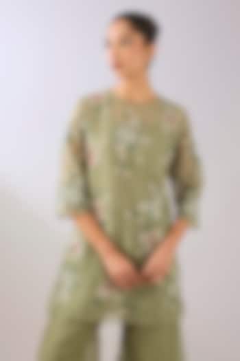 Jade Green Silk Organza Thread Embroidered Top by Peachoo at Pernia's Pop Up Shop