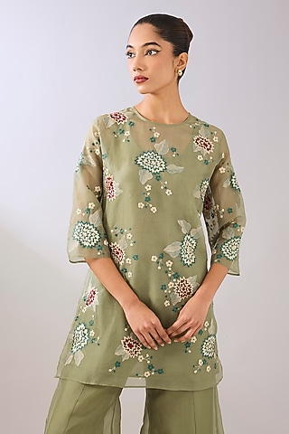 Jade Green Silk Organza Thread Embroidered Top by Peachoo
