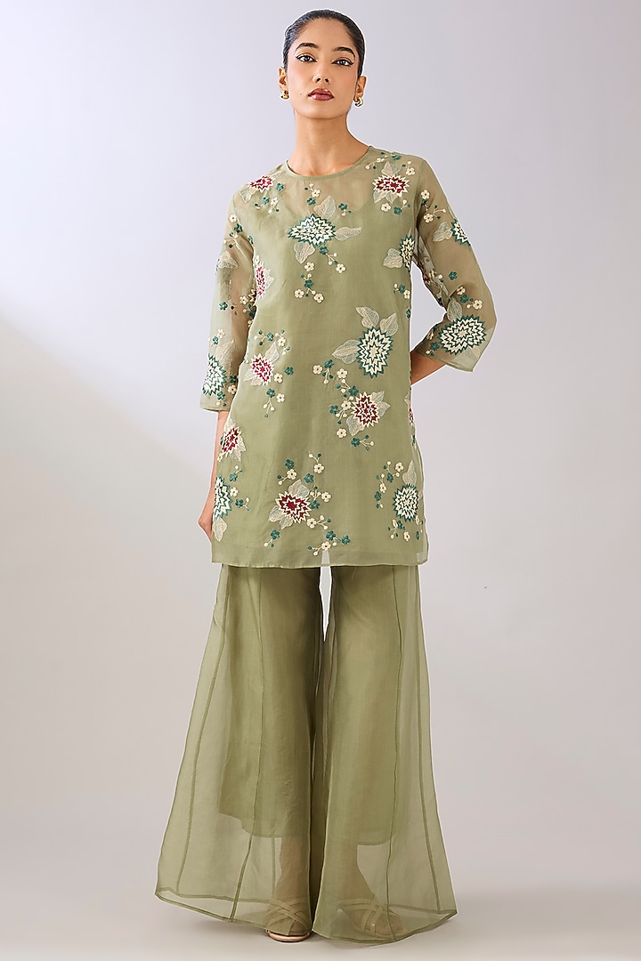 Jade Green Silk Organza Thread Embroidered Top by Peachoo at Pernia's Pop Up Shop