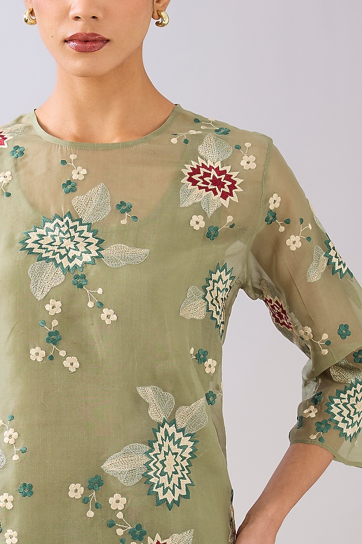 Jade Green Silk Organza Thread Embroidered Top by Peachoo at Pernia's Pop Up Shop