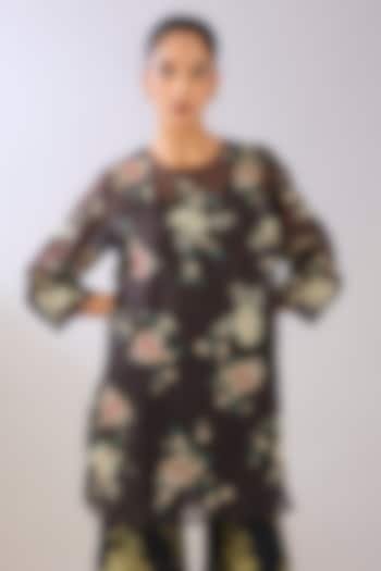 Brown Silk Organza Thread Embroidered Top by Peachoo at Pernia's Pop Up Shop