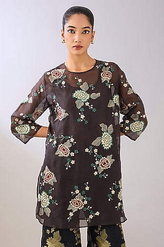 Brown Silk Organza Thread Embroidered Top by Peachoo