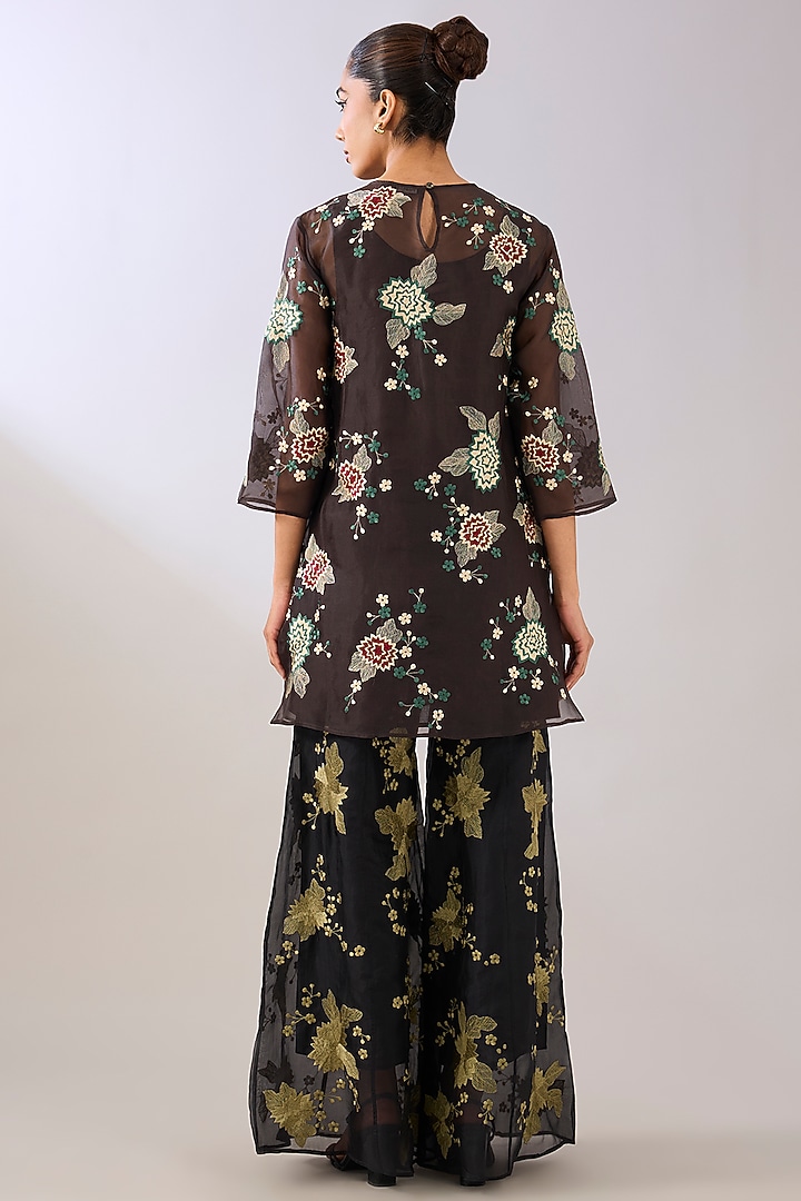 Brown Silk Organza Thread Embroidered Top by Peachoo at Pernia's Pop Up Shop