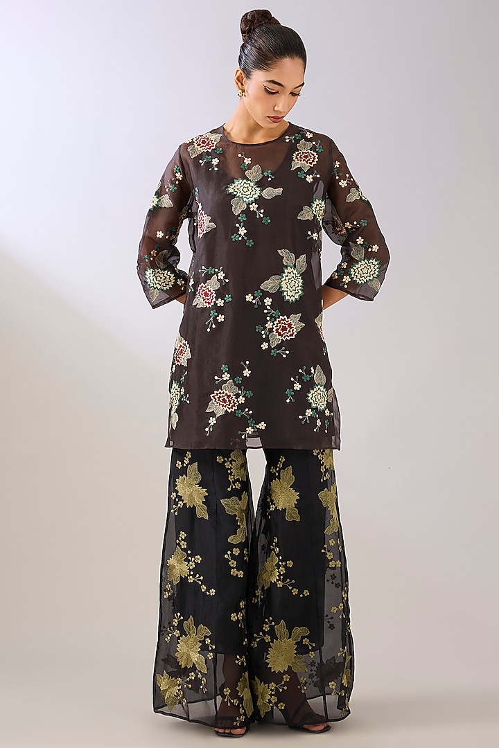 Brown Silk Organza Thread Embroidered Top by Peachoo at Pernia's Pop Up Shop