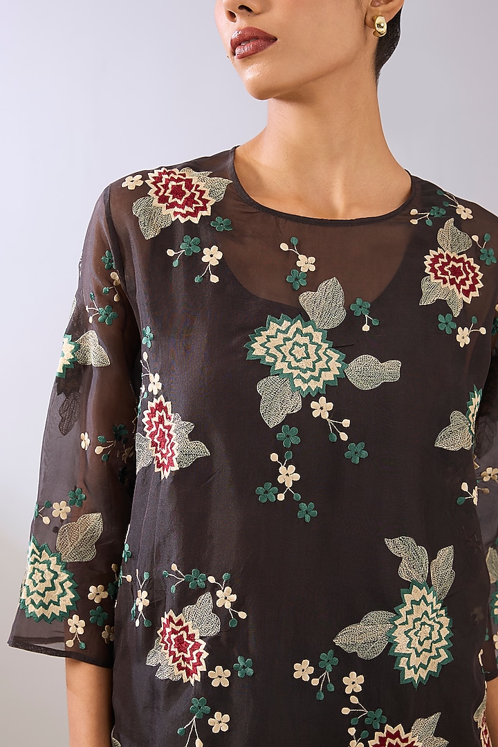 Brown Silk Organza Thread Embroidered Top by Peachoo at Pernia's Pop Up Shop