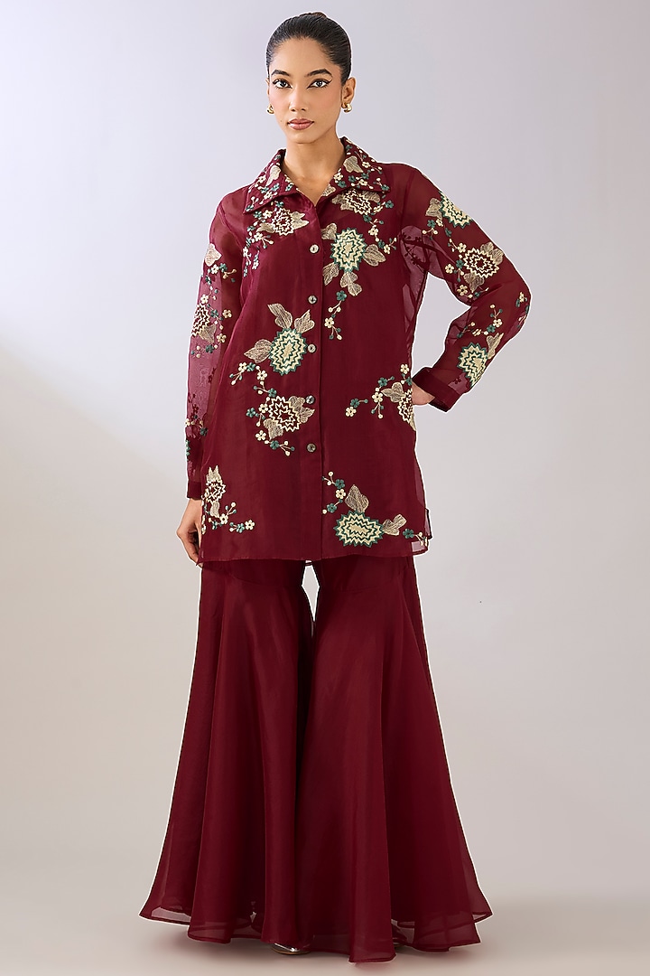 Ruby Red Silk Organza Sharara Pant by Peachoo at Pernia's Pop Up Shop
