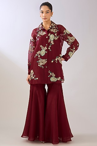 Ruby Red Silk Organza Sharara Pant by Peachoo