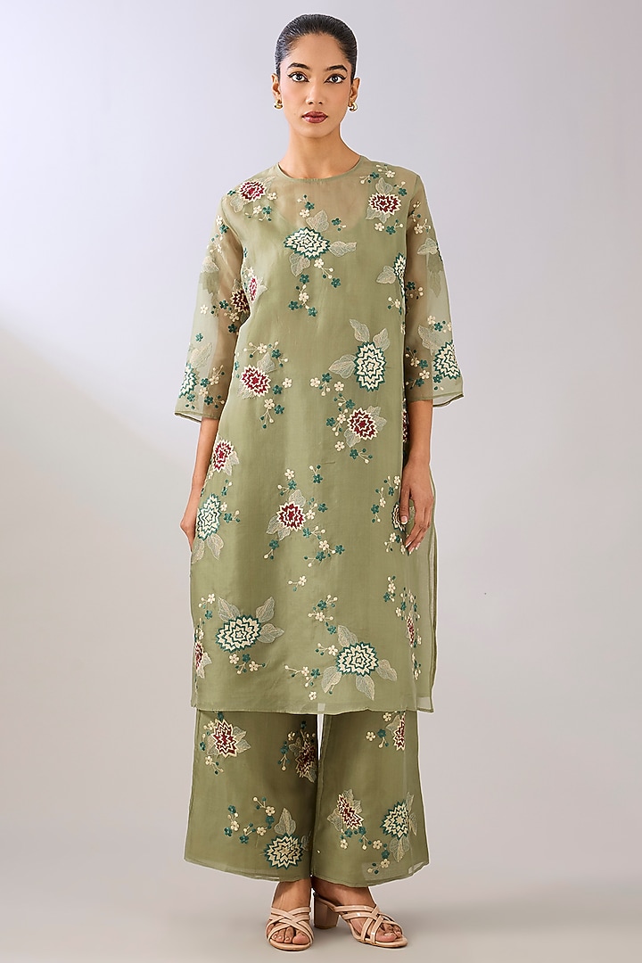 Jade Green Silk Organza Thread Embroidered Kurta by Peachoo at Pernia's Pop Up Shop