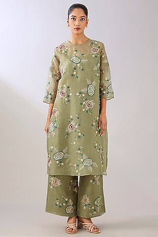 Jade Green Silk Organza Thread Embroidered Kurta by Peachoo