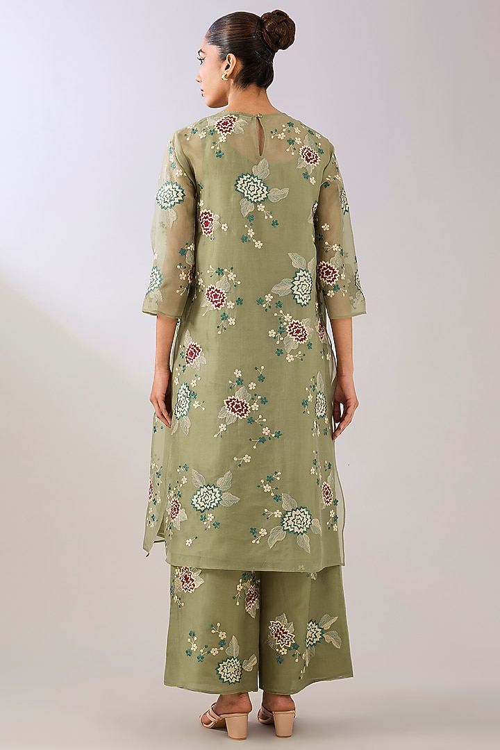 Jade Green Silk Organza Thread Embroidered Kurta by Peachoo at Pernia's Pop Up Shop