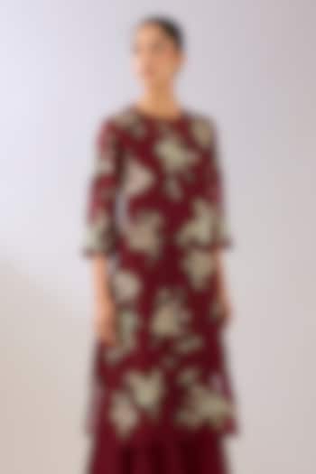 Ruby Red Silk Organza Thread Embroidered Kurta by Peachoo at Pernia's Pop Up Shop