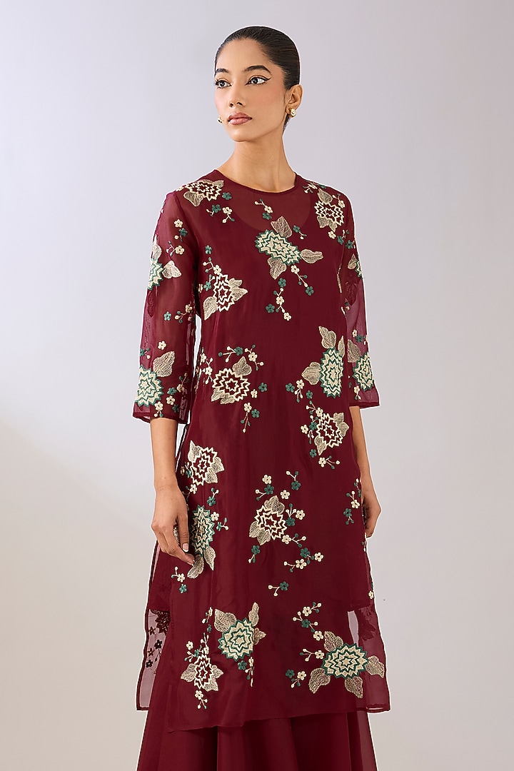 Ruby Red Silk Organza Thread Embroidered Kurta by Peachoo at Pernia's Pop Up Shop