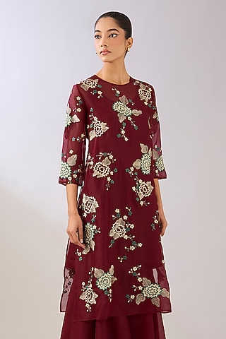 Ruby Red Silk Organza Thread Embroidered Kurta by Peachoo