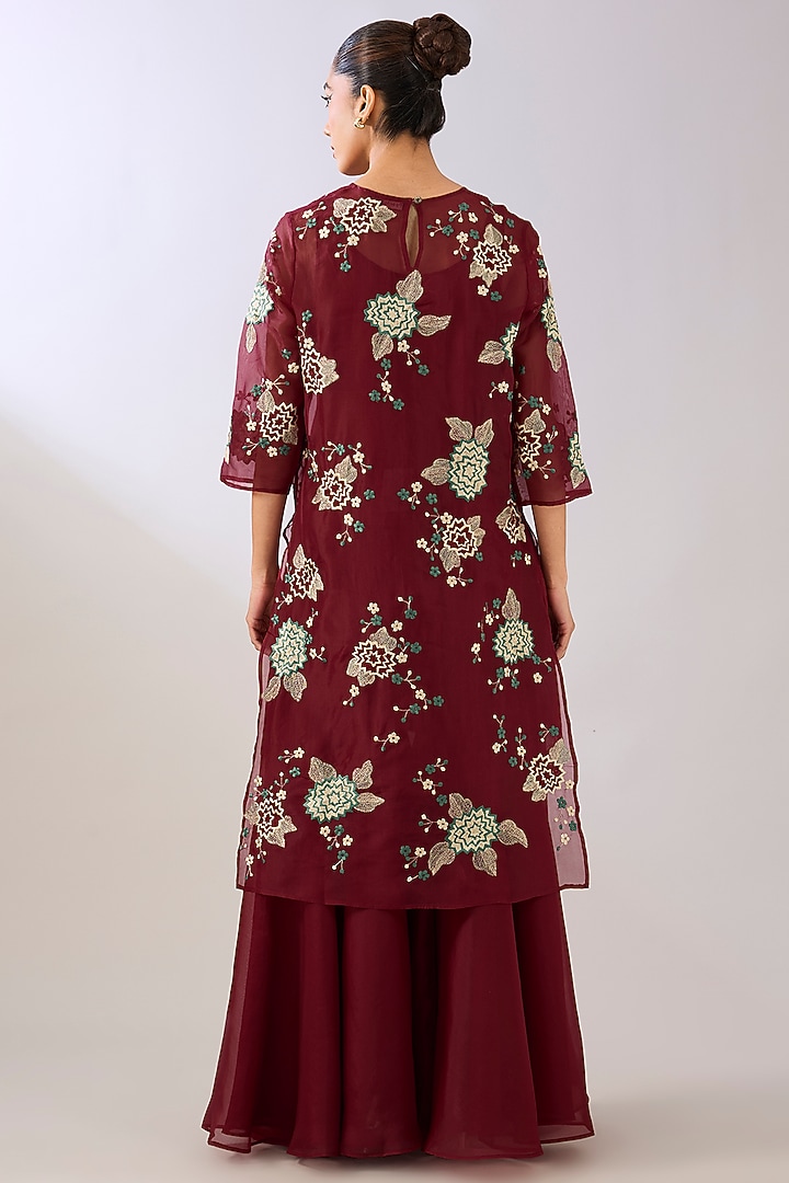 Ruby Red Silk Organza Thread Embroidered Kurta by Peachoo at Pernia's Pop Up Shop