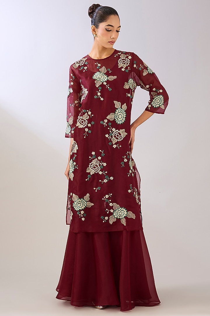 Ruby Red Silk Organza Thread Embroidered Kurta by Peachoo at Pernia's Pop Up Shop