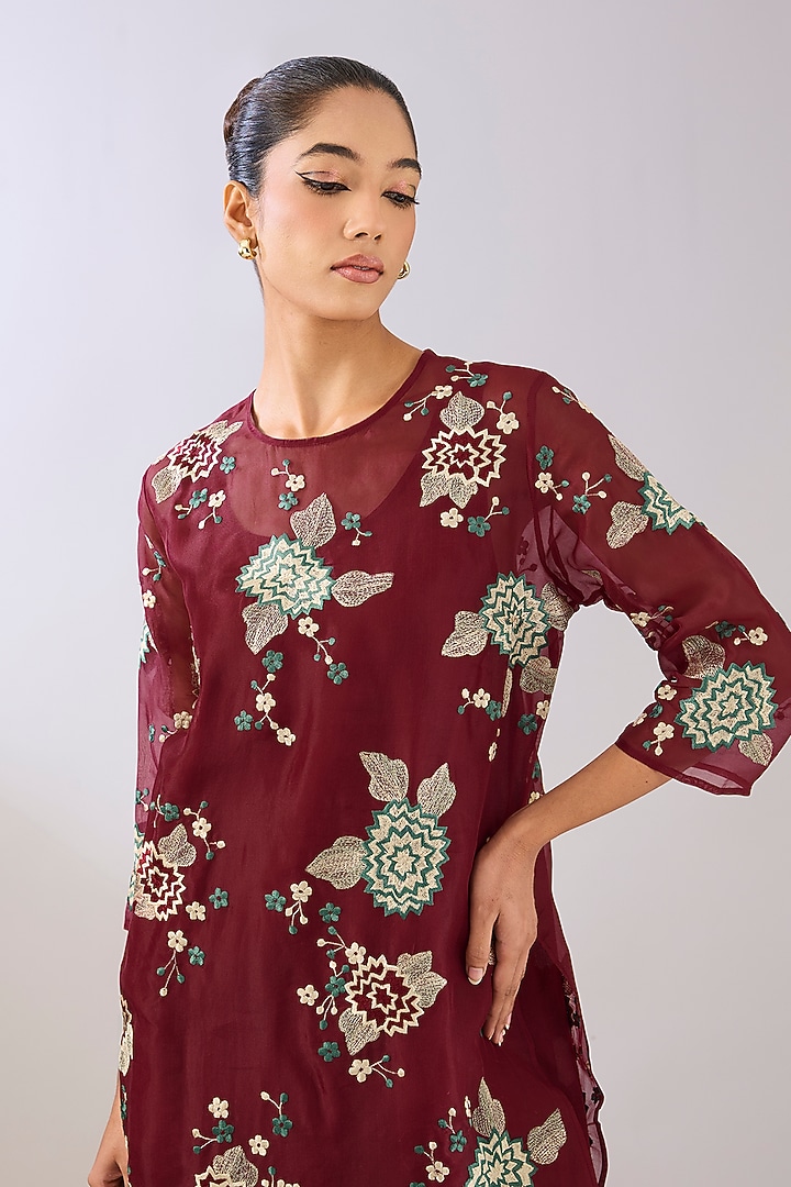 Ruby Red Silk Organza Thread Embroidered Kurta by Peachoo at Pernia's Pop Up Shop