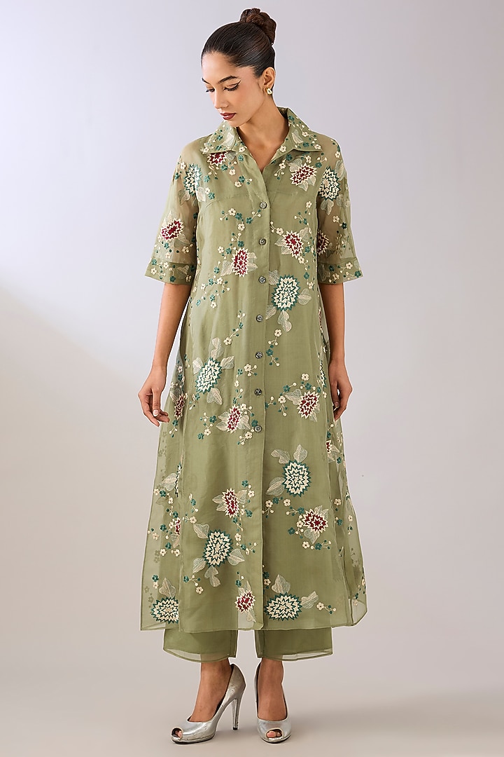 Jade Green Silk Organza Pants by Peachoo at Pernia's Pop Up Shop