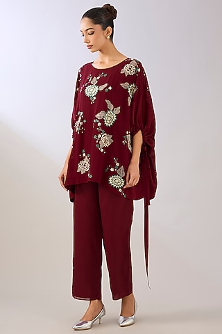 Ruby Red Silk Organza Pant by Peachoo