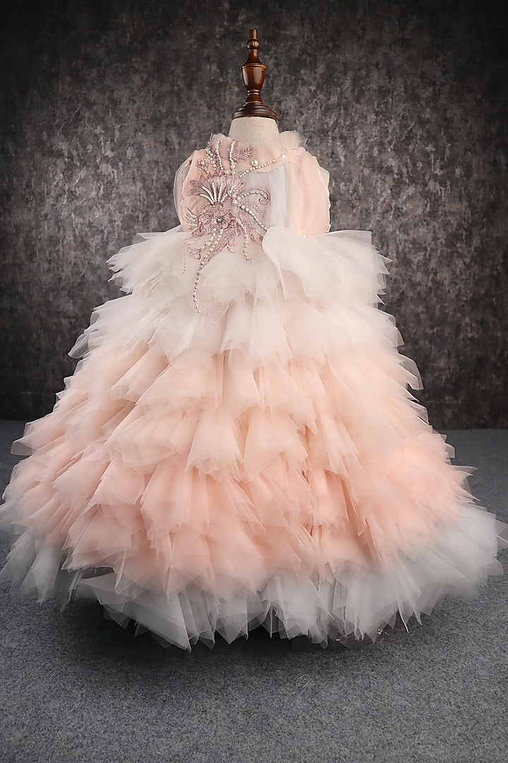 Peach & White Butterfly Net Applique Gown For Girls by PEAR BEAR at Pernia's Pop Up Shop
