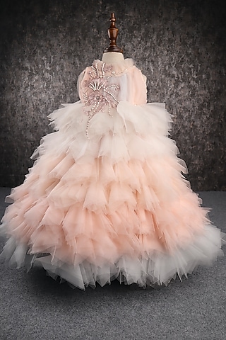 Peach & White Butterfly Net Applique Gown For Girls by PEAR BEAR