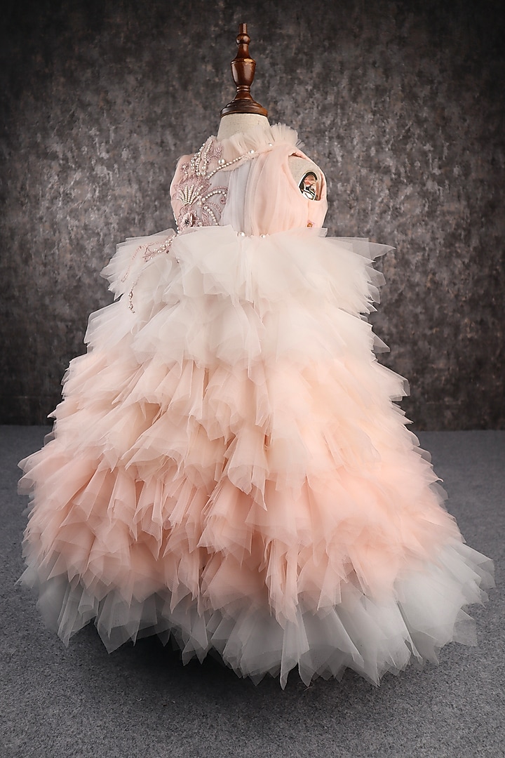 Peach & White Butterfly Net Applique Gown For Girls by PEAR BEAR at Pernia's Pop Up Shop