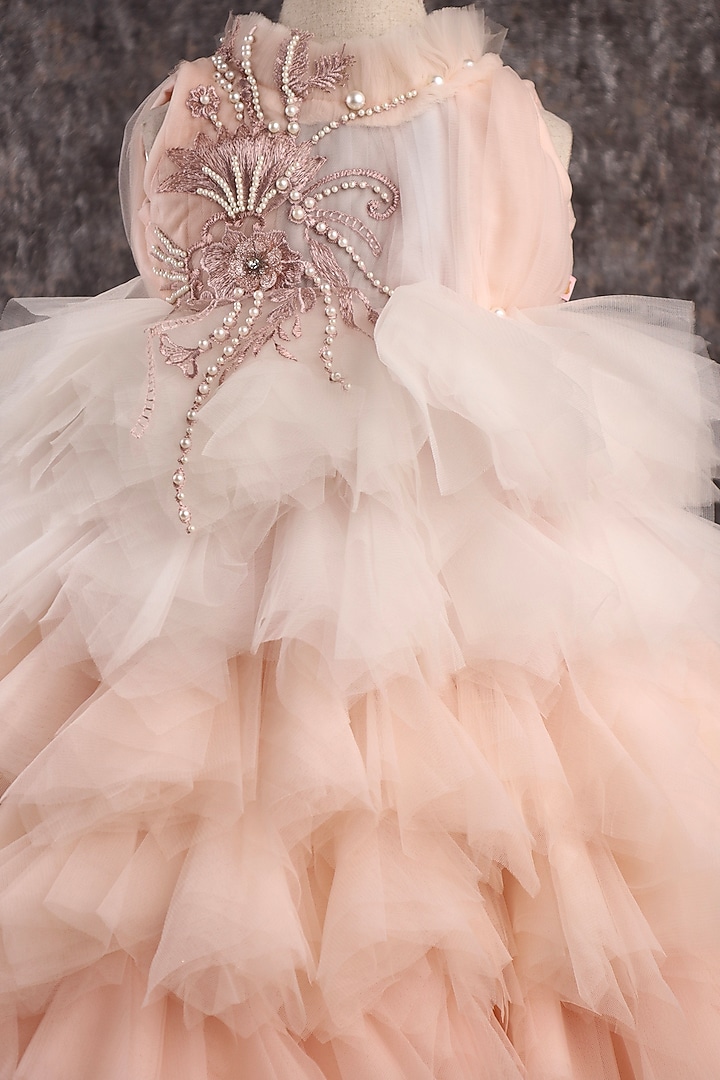 Peach & White Butterfly Net Applique Gown For Girls by PEAR BEAR at Pernia's Pop Up Shop