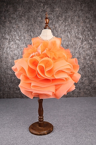Orange Butterfly Net Ruffled Layered Dress For Girls by PEAR BEAR