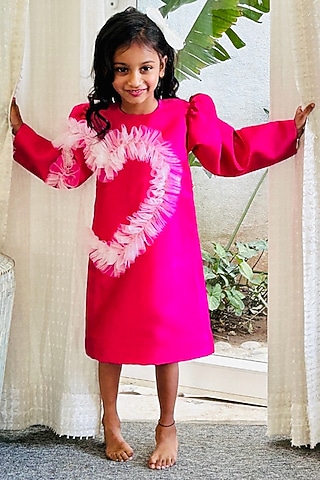 Fuchsia Pink Bridal Satin Frilled Dress For Girls by PEAR BEAR