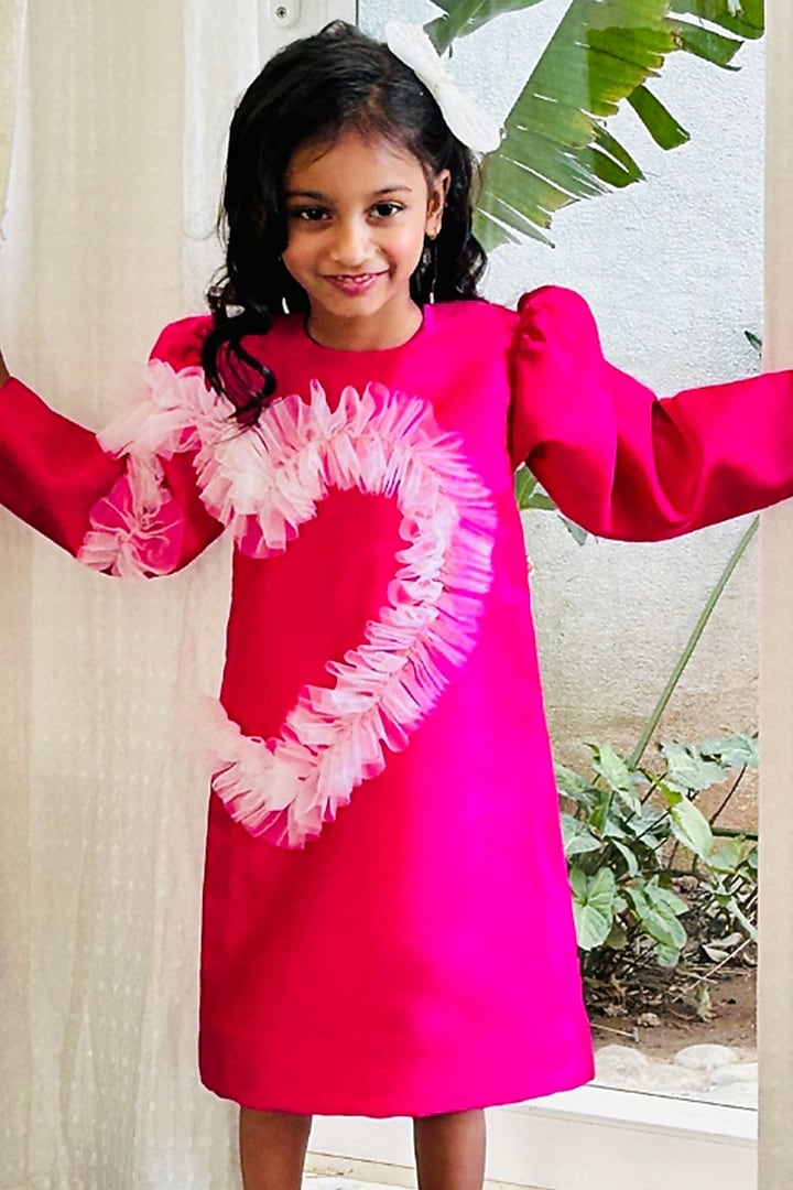 Fuchsia Pink Bridal Satin Frilled Dress For Girls by PEAR BEAR at Pernia's Pop Up Shop