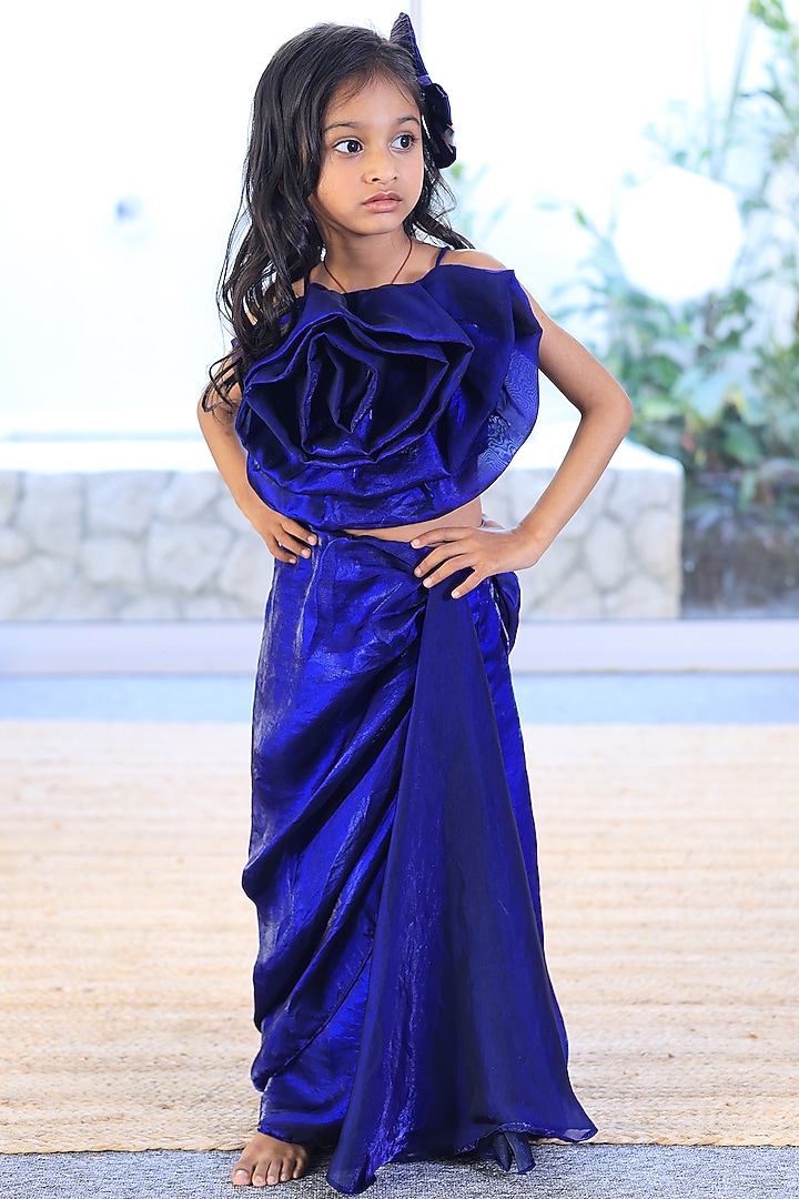 Royal Blue Glass Tissue Draped Skirt Set For Girls by PEAR BEAR at Pernia's Pop Up Shop