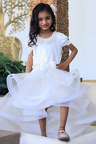 White Net Floral Dress For Girls by PEAR BEAR