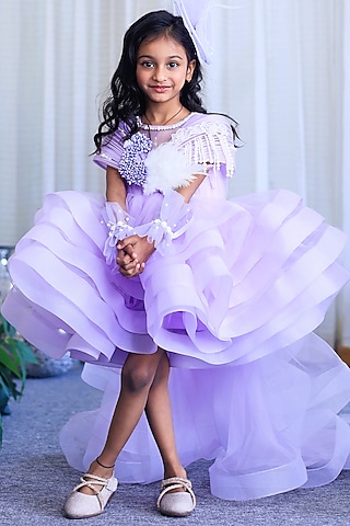 Lavender Butterfly Net Embellished Structured Dress For Girls by PEAR BEAR