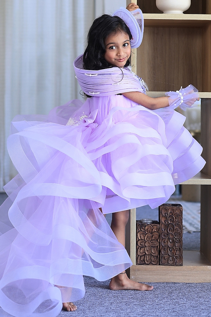 Lavender Butterfly Net Embellished Structured Dress For Girls by PEAR BEAR at Pernia's Pop Up Shop