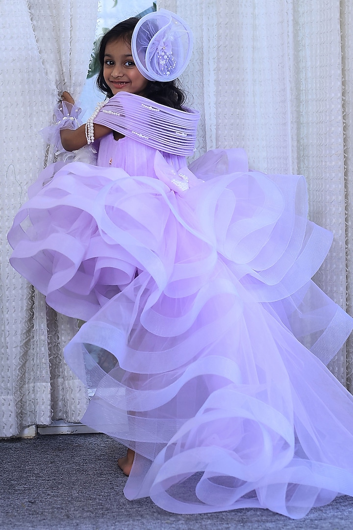 Lavender Butterfly Net Embellished Structured Dress For Girls by PEAR BEAR at Pernia's Pop Up Shop