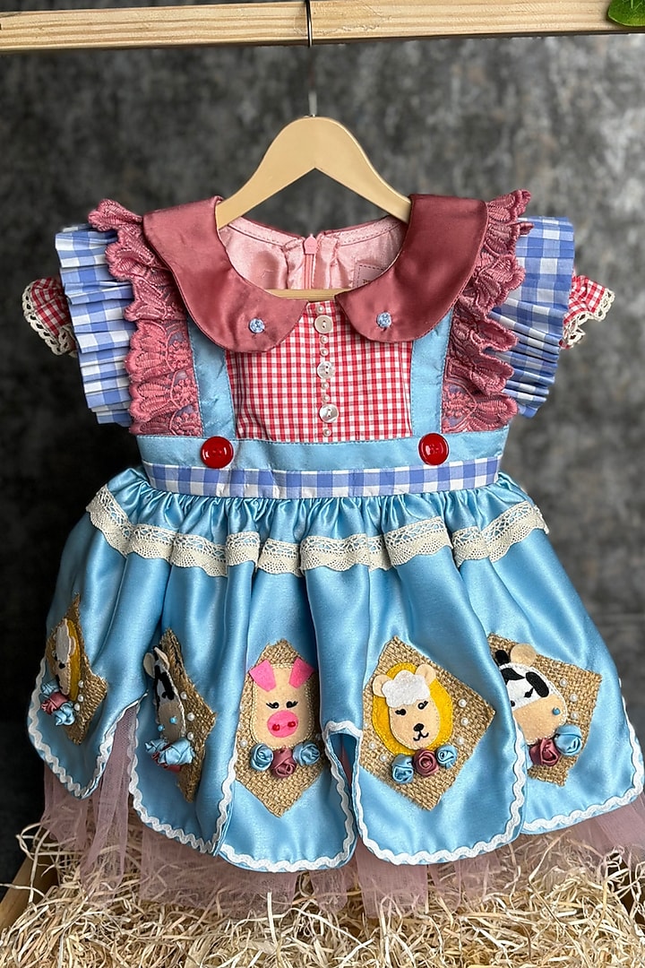 Blue Imported Satin & Shantoon Scalloped Dress For Girls by PEAR BEAR at Pernia's Pop Up Shop