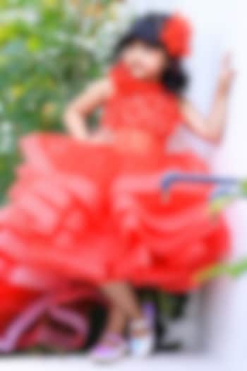 Red Net Embroidered Ruffled Dress For Girls by PEAR BEAR at Pernia's Pop Up Shop