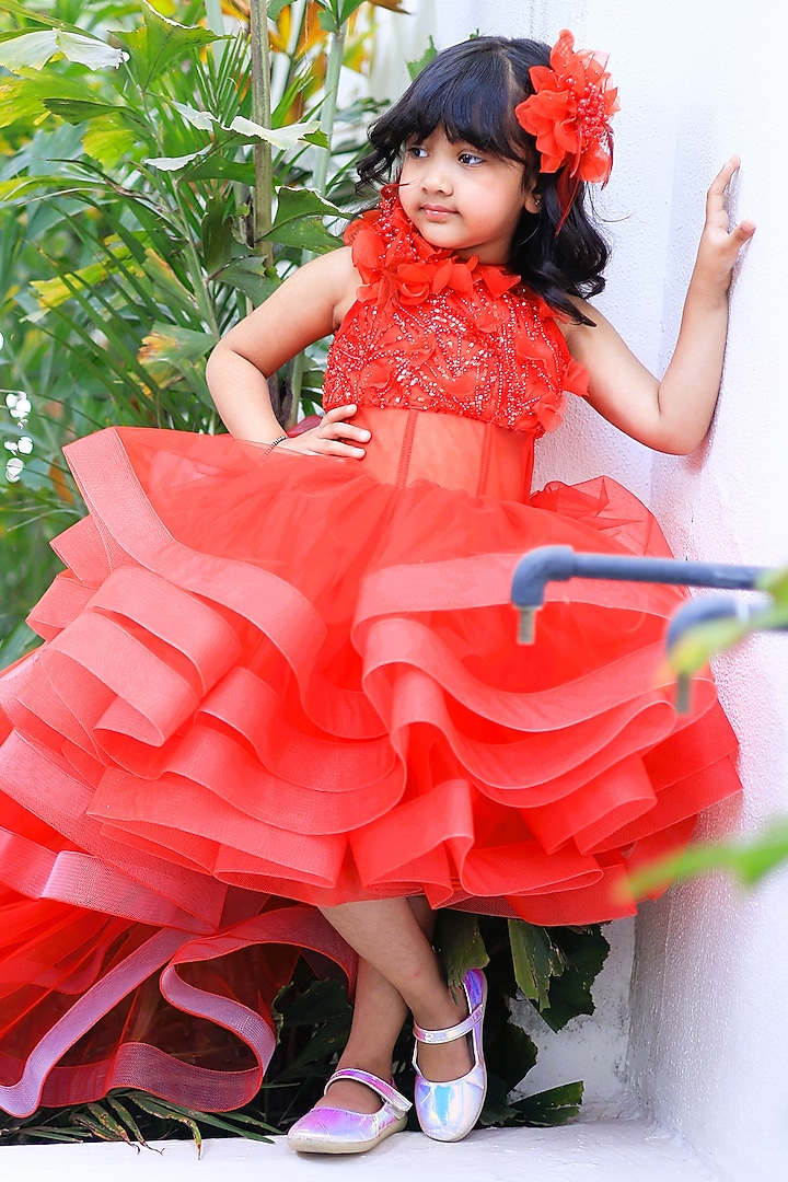Red Net Embroidered Ruffled Dress For Girls by PEAR BEAR at Pernia's Pop Up Shop