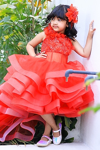 Red Net Embroidered Ruffled Dress For Girls by PEAR BEAR