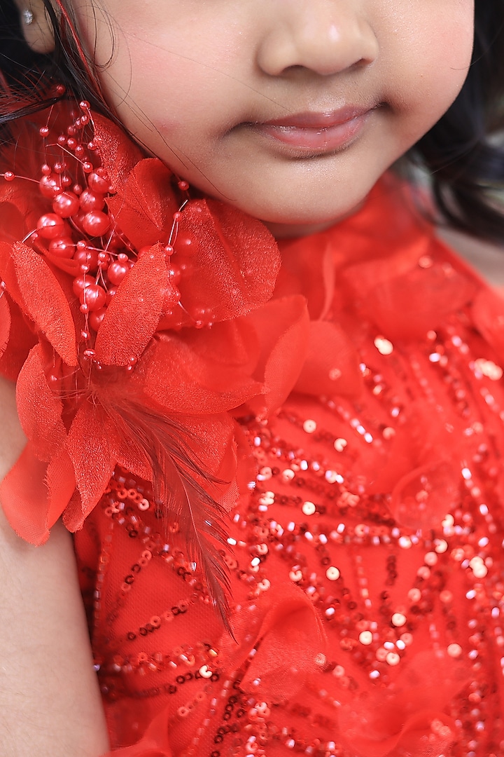 Red Net Embroidered Ruffled Dress For Girls by PEAR BEAR at Pernia's Pop Up Shop